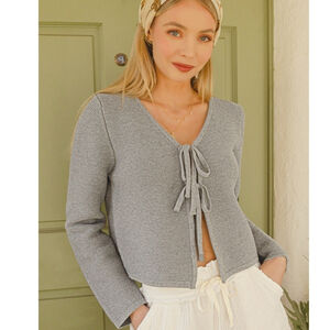 Zenana Tie Front Cropped Sweater Cardigan Gray Medium Boutique